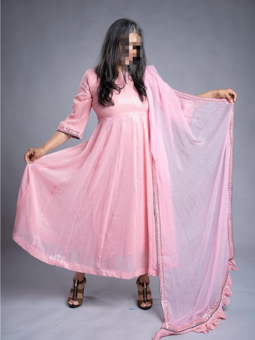 Elegant Pink Anarkali Kurta Set with Sheer Dupatta